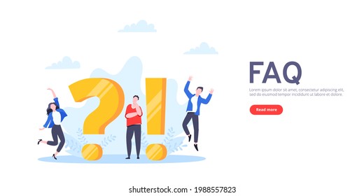Q and A or FAQ concept with tiny people characters, big question and exclamation mark, frequently asked questions template. Answers business support concept flat style design vector illustration.