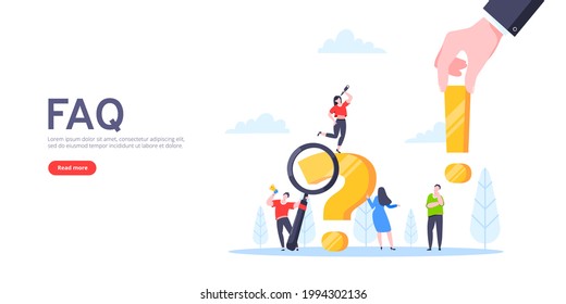 Q and A or FAQ concept with tiny people characters, big question and exclamation mark, frequently asked questions template. Answers business support concept flat style design vector illustration.