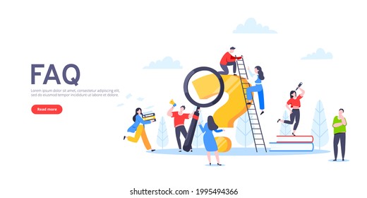 Q and A or FAQ concept with tiny people characters, big question mark, frequently asked questions template. Answers business support concept flat style design vector illustration.