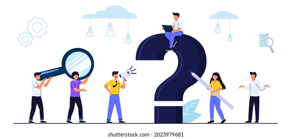 Q And A Or FAQ Concept With Tiny People Character Big Question Mark Frequently Asked Questions Template Business Decision Making Doubt About Options Confusion Decide Right Solution Directions Dilemma