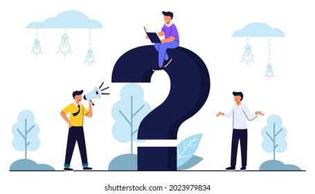 Q and A or FAQ concept with tiny people character Big question mark Frequently asked questions template Business decision making doubt about options confusion Decide right solution directions dilemma