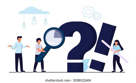 Q and A or FAQ concept with tiny people character Big question mark Frequently asked questions template Business decision making doubt about options confusion Decide right solution directions dilemma