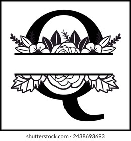 Q Floral Split Monogram , Flower Monogram Clipart, Floral Letter Graphic, Alphabet Bundle |Split Monogram Alphabet | Split Monogram Frame Alphabet | Cut File for Circuit, Silhouette svg