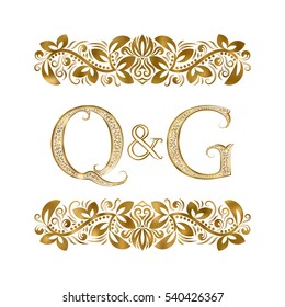 Q and G vintage initials logo symbol. The letters are surrounded by ornamental elements. Wedding or business partners monogram in royal style.