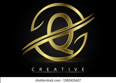 Q Golden Letter Logo Design Vector Illustration with Circle Swoosh and Gold Metal Texture. Creative Metallic Letter for Company Name, Label, Icon, Cover, Emblem, Print, Textile, Card or Web Page.