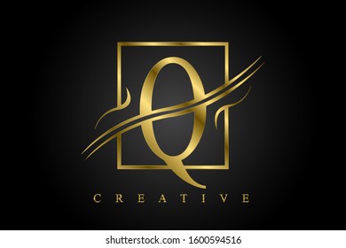 Q Golden Letter Logo  Vector Illustration with Gold Metal Texture. Creative Metallic cuted Letter for Company Name, Label, Icon, Cover, Emblem, Print, Textile, Card, casino, brochure or Web Page.