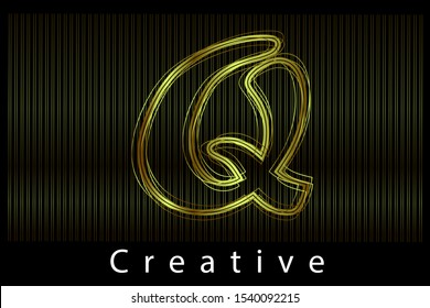 Q golden metallic letter with wire effect on black background vector illustration. Styled letter design for logo, label, luxury concept, jewelry,  gold business or web page graphic elements.