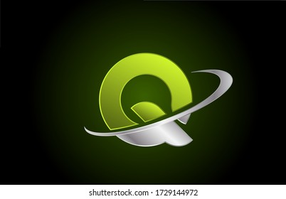 Q Green Metallic Alphabet Letter Logo Icon For Business And Company With Grey Swoosh Design