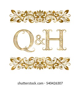 Q and H vintage initials logo symbol. The letters are surrounded by ornamental elements. Wedding or business partners monogram in royal style.