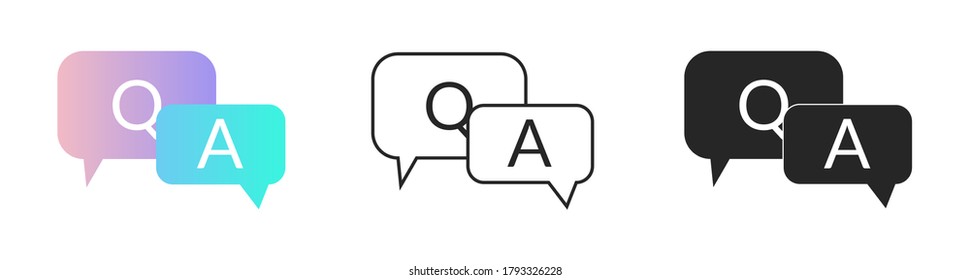 Q and A icons set. Question and Answer with speech bubble symbol in filled, colored gradient and outline style vector collection