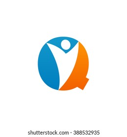 Q initial alphabet letter logo with negative space swoosh man, orange blue