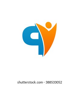Q initial alphabet letter logo with swoosh man, orange blue