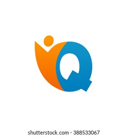 Q initial alphabet letter logo with swoosh man, orange blue