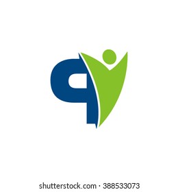 Q initial alphabet letter logo with swoosh man, green blue