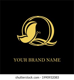 Q Initial Letter Feminine Modern Simple Luxury and elegant Logo with Butterfly for Fashion, Beauty Cosmetic, Salon, Skin Care and Spa Logotype