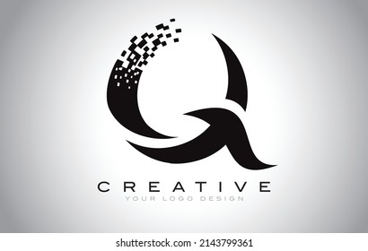 Q Initial Letter Logo Design with Digital Pixels in Black and White Colors.