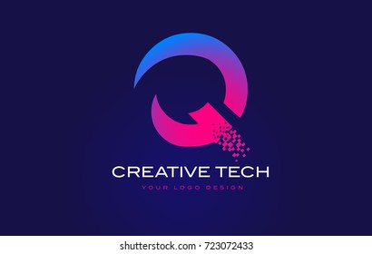 Q Initial Letter Logo Design with Digital Pixels in Blue and Purple Colors.