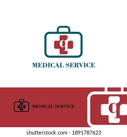 q initial letter Medical cross and bag for medical, medicine, hospital, drugstore, apothecary, pharmacy logo concept design vector