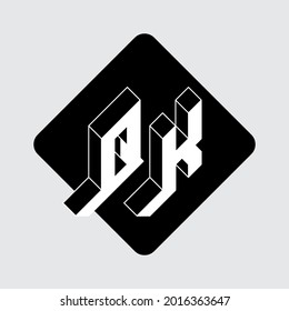 Q et K - Monogramme ou logo. Lettres en trois dimensions sur un substrat en forme de diamant. Police isométrique pour la conception. QK - code à 2 lettres.