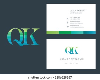 Q & K Waves letter joint logo design with business card template