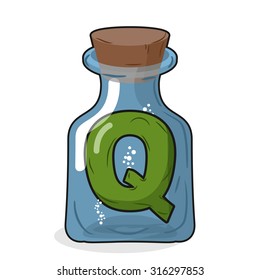 Q laboratory bottle. Letter in magical vessel with a wooden stopper. writing for scientific experiments. Vector illustration of a lab flask 
