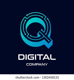 The Q letter 3 dimensions or 3D with dot and technology symbol on dark blue background in the style of modern. This logo is suitable for industrial, mechanical, connection, business and automotive.