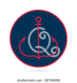 Q letter with an anchor and rope vector vintage label, logo, icon design template element. This badge can be used as trademark or a print on fabric.