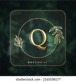 Q letter banner. Minimalism design. Botanical background. Graphic alphabet symbol for wedding invitation and corporate business identity. Vector line icon for Business and Advertising.