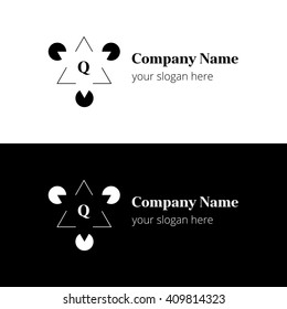 Q letter black and white business logo icon design template. Vector with triangles and two color backgrounds.
