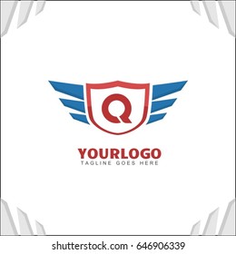 Q letter brand identity. Falcon wing logo vector icon. Blue shield design template.