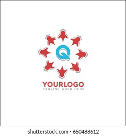 Q letter brand identity. Vector graphic elegant sliced alphabet symbol with star element on circle in silver and red color.