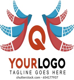 Q Letter Brush Logo. Red and blue brush with Splash Concept Design.