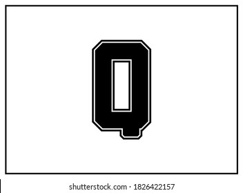 Q letter classic american, college style font. Uniform letter in black with a black outside contour line. Vintage sport font.For jersey, t-shirt, basketball, baseball, football. Isolated vector