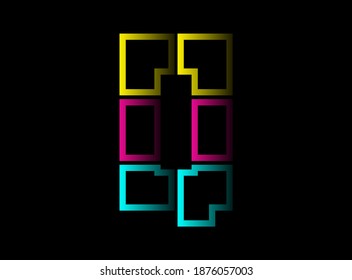 Q letter cmyk color vector desing logo. Dynamic split blue, pink, yellow color on black background. For social media,design elements, creative poster, web template and more