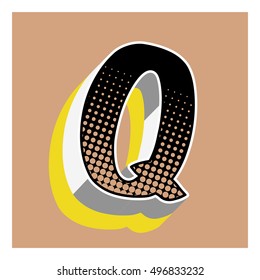 Q letter comic alphabet retro with dotted textures and 3D effects