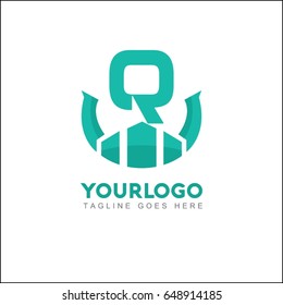 Q letter creative logo. Real estate icon design for business visual identity. Illustration city, house and skyscraper.