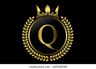 Q letter and crown monogram logo. Luxury laurel with golden wreath. Elegant vector for emblem, logo, card, badge, antique, restaurant, cafe, boutique, hotel, heraldic, jewelry, product or company name