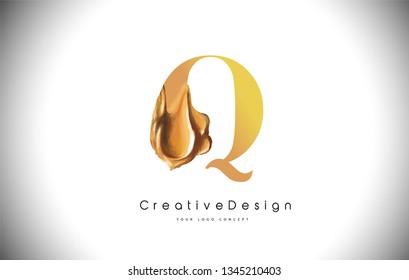 Q Letter Design Brush Paint Stroke. Gold q Letter Logo Icon with Golden Paintbrush Vector Illustration