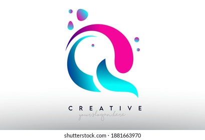 Logo de diseño de letras Q. Color de la letra de goma arcoiris con puntos y formas creativas de color fluido