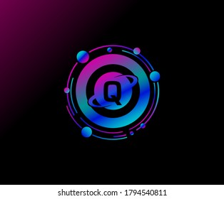 Q Letter Design. Modern ring planet with line of orbit. Colorful abstract geometry planet logo.