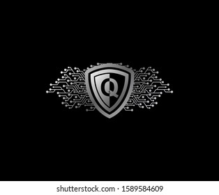 Q Letter Digital Data Protection Logo Icon with Shield and Network Line Shape