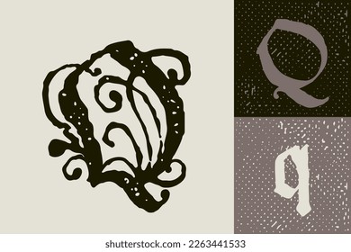 Q letter drop cap logo. Illuminated initial and blackletter uppercase and lowercase. All you need to precisely imitate medieval text. Decorative element for the beginning of a paragraph or section.