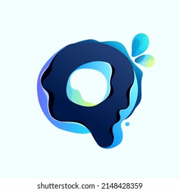 Q letter eco logo with blue dew drops in hologram glitch style. Environment friendly icon with color shift and illusion effect. Vector idea for waste recycling identity or organic merchandise.