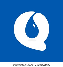 Q letter eco logo with blue water dew drops. Negative space icon. Spring water emblem. Vector template for pure drink company, swimming posters, waste recycling identity, fight against drought adv.