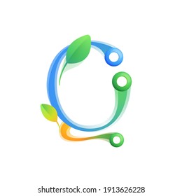 Q letter eco logo with colorful spheres or dots and connecting lines. Vector green icon perfect to use in any agriculture labels, science posters, spring identity, etc.