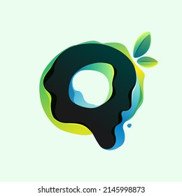 Q letter eco logo with green leaves in hologram glitch style. Environment friendly icon with color shift and illusion effect. Vector element for waste recycling identity, natural theme presentation.