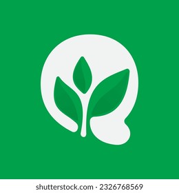 Q letter eco logo with green leaves. Negative space agriculture icon. Lush foliage emblem. Vector template for seeds growing company, summer posters, waste recycling identity, nature friendly labels.