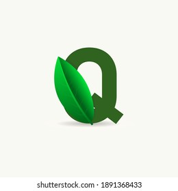 Q letter eco logo with leaf. Vector font for nature posters, eco friendly emblem, vegan identity, herbal and botanical cards etc.