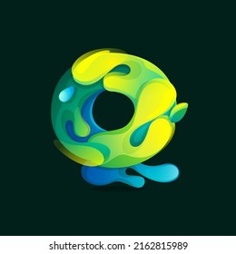 Q letter eco logo made of green and blue splashes, pure water waves and dew drops with fresh leaves. Wildlife rescue icon with glow and gradients. Perfect for agriculture art, healthy food packaging.