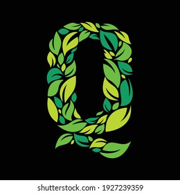 Q letter ecology logo from a green leaves. Font style, vector design template elements for your application or corporate identity. - Vector